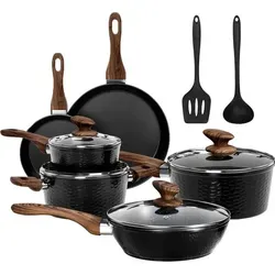 12-teiliges DishDelight Induktion Topfset mit Granitbeschichtung und Glasdeckeln, Schwarz - Schwarz