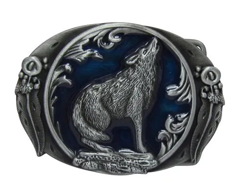 Gürtelschnalle Wolf schreiend blauer Hintergrund, Zinn.