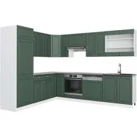 Vicco Winkelküche Fame-Line, Grün-Gold Landhaus/Weiß - Küchenzeile im L-Design mit hochwertiger MDF-Front und Soft-Close-Scharniere. Bietet viel Platz und ist individuell erweiterbar für optimalen Stauraum und stilvolles Kochen.
