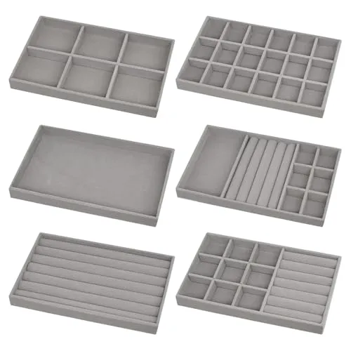 Yicaam 6 Stück Samt Schmucktablett, Stapelbar Schubladeneinsatz Schmuckschalen, Schmuckaufbewahrung Schublade, Samt Schmuck Organizer für Ring Ohrring Armreif Armband Halskette