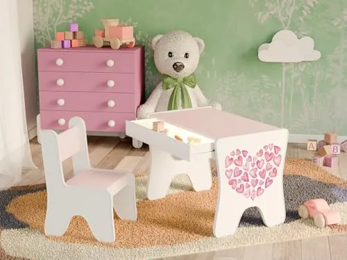 Happy Babies - Kinderschreibtisch-Stuhl-Set, ergonomischer Spieltisch mit geräumiger Schublade - Kinder-Lern- und Spieltisch - Kindermöbel, für den Kindergarten kleine Herzen (Rosa)