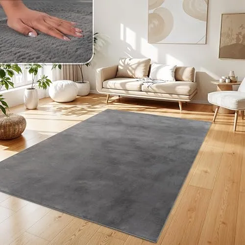 Paco Home Hochflor Teppich Wohnzimmer Flauschig Fellteppich Kunstfell Plüsch Shaggy Weich Fellimitat, Grösse: 120x160 cm, Farbe: Anthrazit