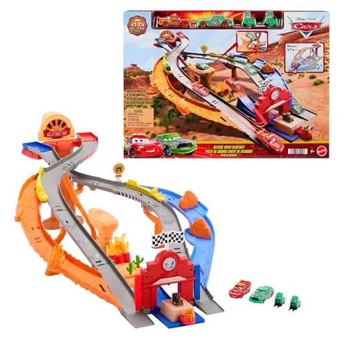 Mattel Disney Pixar Cars Spielset - Lightning McQueen & Chick Hicks - Fahrzeuge & Rennwagen für Kinder, großes Spielset mit 4 Figuren und 2 Rennmöglichkeiten für kreatives Spielen und spannende Abenteuer.