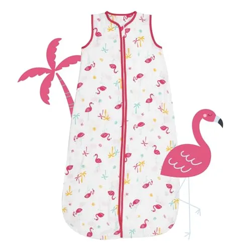 schlummersack Schlafsack Baby Sommer 70 cm dünn Bambus-Musselin Flamingo | Babyschlafsack Sommer 0.5 Tog 0 5 Tog Baby Schlafsack Sommer | Sommer Schlafsack Baby ungefüttert