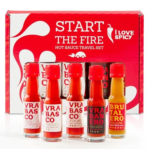 Start The Fire Travel Set – 5 x 20 ml Fermentierte Chilisaucen – Vegan – Handgemacht – Tasting Box – Reisegröße – Dein Scoville-Challenge Geschenk – Für Echte Chili-Verrückte & BBQ-Fans