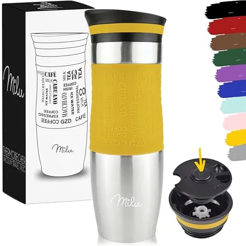Milu Thermobecher Kaffee to go 370ml, 450ml Isolierbecher Kaffeebecher - 100% Auslaufsicher - Trinkbecher aus Edelstahl - Autobecher doppelwand Isolierung - Thermo Becher - Travel Mug (Mango, 450ml)