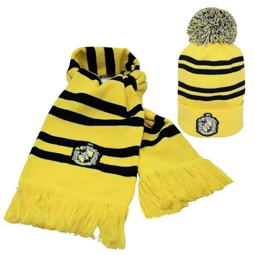 Harry Potter Hufflepuff Winter-Zubehör-Set - Gesellschaftsspiele - Stylisches Mütze und Schal Set im Hufflepuff Design mit gelben und schwarzen Streifen, perfekt für Fans und kalte Tage.