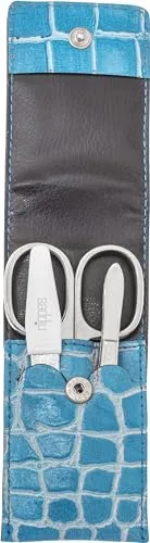 nippes Solingen Trendy Maniküre Set | 3-teilig | Blau | Rindsleder-Etui mit Kroko-Prägung | Nageletui mit Nagelschere, Nagelfeile und Pinzette | vernickelt | Made in Germany
