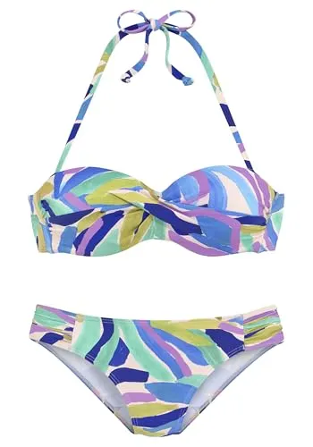 s.Oliver Bügel-Bandeau-Bikini-Set mit blau-grünem Muster - Bikini-Set für Damen mit modischem Alloverprint, wattierten Cups und abnehmbarem Neckholder für flexiblen Tragekomfort am Strand.