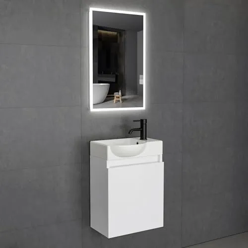 Alpenberger Badezimmer Möbel Set | Platzsparendes Gäste WC Waschbecken mit Unterschrank - Komplettprogramme für Badezimmer mit modernem Design, LED-Spiegel und platzsparendem Waschbecken für kleine Bäder, vormontiert für sofortige Nutzung.