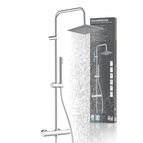 SHOWERSTAR Überkopfbrause-Set mit Thermostatarmatur - Komfortable Regendusche mit hochwertiger Thermostatarmatur. Der flexible Brauseschlauch und die verstellbare Duschstange bieten individuellen Duschkomfort. Genießen Sie ein sicheres Duscherlebnis ohne Temperaturschwankungen.