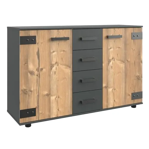 Lomadox Sideboard Anrichte Kommode 2 Türen 4 Schubladen im Industrial Style - Stylisches Sideboard im Industrial Design mit 2 Türen und 4 Schubladen; ideal zur Aufbewahrung und Dekoration; gefertigt aus hochwertiger Qualitätsspanplatte, Made in Germany.