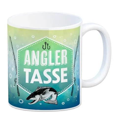 Kaffeebecher mit Fisch und Angel Motiv und Spruch: Angler Tasse