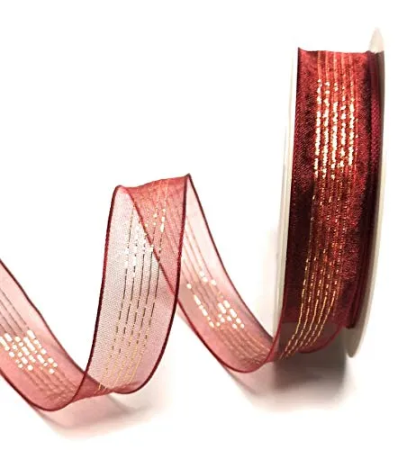 Schleifenband 20m x 25mm Organza Weinrot - Gold gestreift Dekoband Geschenkband [3879]