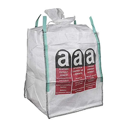 Big Bag Asbest 90 x 90 x 110 cm, Schürze,Boden geschlossen, uv-stabilisiert, beschichtet, 4 Hebeschlaufen, mit Asbest-Warndruck 2seitig, SWL 1000 kg, SF 5:1