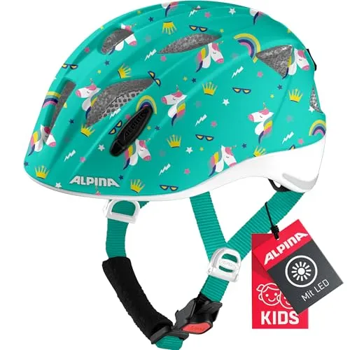 ALPINA XIMO Kinder Fahrradhelm - Leicht, Sicher & Bruchfest mit LED-Licht, Unicorn Gloss - Fahrradhelme mit Run System Classic Slide für perfekte Anpassung und optimaler Belüftung. Integriertes Multi-Fit Light sorgt für hohe Sichtbarkeit.