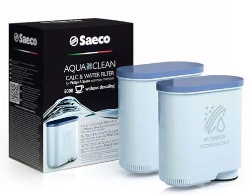 Saeco AquaClean Wasserfilter 2x für Kaffeemaschinen - Entkalkung & Reinigung für Kaffee- & Espressomaschinen, kein Entkalken für bis zu 5.000 Tassen dank innovativer Ionenaustausch-Technologie und müheloser Filterwechsel mit Click&Go-System.