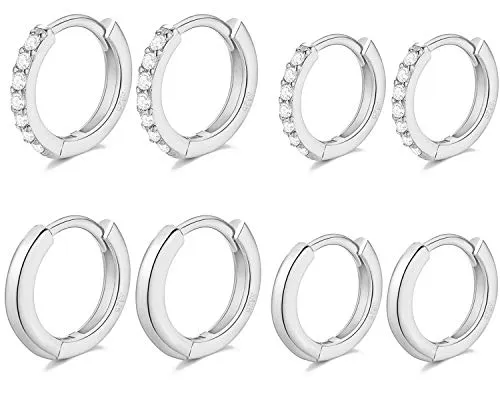 LIHELEI 4 Paare Silber Creolen für Frauen mit Zirkonia, Knorpel Manschette Huggie Ohrring Set für Hochzeit Geburtstag Muttertag Geschenk-Silber