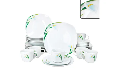 MamboCat Kombiservice 30tlg White Calla, Porzellan für 6 Personen - Elegantes 30-teiliges Kombiservice aus Porzellan mit zarten Calla-Blüten, spülmaschinen- und mikrowellengeeignet, ideal für festliche Anlässe und den täglichen Gebrauch.