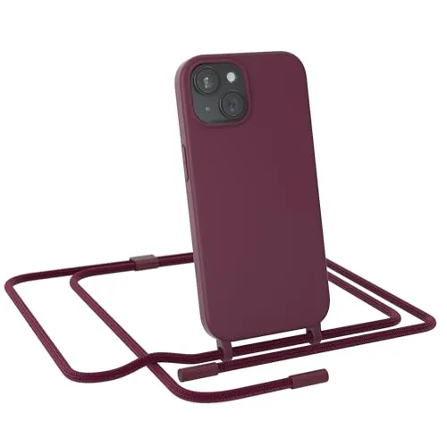 EAZY CASE - Handykette kompatibel mit iPhone 15 - dünne Handyhülle Hülle mit Band als Fallschutz Kette zum Umhängen stoßeste Hülle Silikon mit Mikrofaser in Beere