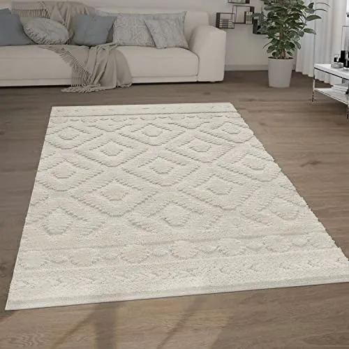 Paco Home Hochflor Teppich Wohnzimmer Shaggy 3D Optik Ethno Boho Vintage Look Weich, Grösse:230x330 cm, Farbe:Creme 8