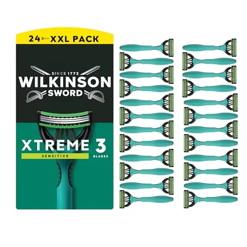 Wilkinson Sword Xtreme 3 Sensitive Rasierapparat mit Ersatzköpfen - Manuelles Rasiergerät für Herren mit leicht zu reinigendem Design. Genießen Sie eine 100% glatte Rasur dank Wechselköpfen. Ideal für die tägliche Pflege.