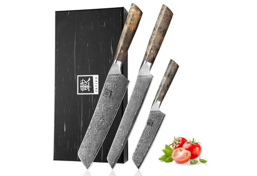 zayiko Professional Series – Premium Damastmesser-Set 3-teilig - Kochmesser-Set mit 67 Lagen Damaststahl, rasiermesserscharf und ergonomischen Ahornholzgriffen – ideal für präzise Schnitte und perfekte Kontrolle in der Küche.