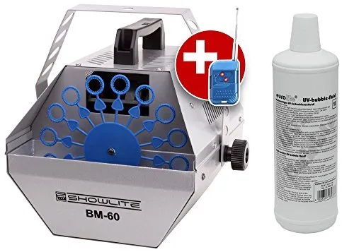 Showlite BM-60 Seifenblasenmaschine SET inkl. UV-Fluid rot - Schlauchboote und Party-Equipment, leistungsstark mit gleichmäßiger Blasenproduktion, ideal für Clubs und Hochzeiten, inklusive Funkfernbedienung und UV-Fluid für besondere Effekte.