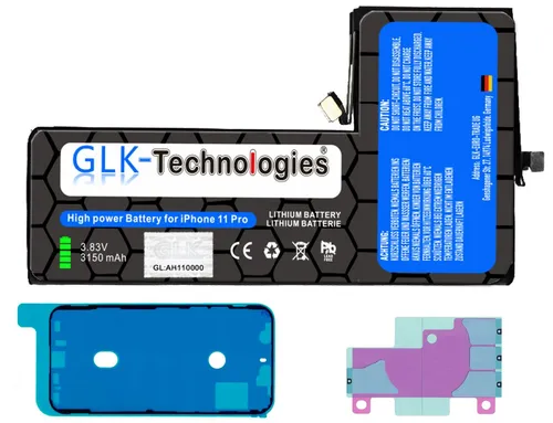 GLK-Technologies High Power Ersatz Akku für Apple iPhone 11 Pro - Handy-Akku 3150 mAh mit Überhitzungsschutz und Anti-Memory-Effekt für lange Lebensdauer. Inklusive 2x Klebebandsätze, ideal für DIY-Austausch.