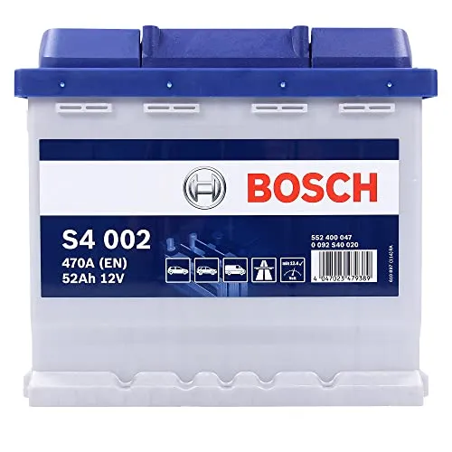 Bosch S4 002 Autobatterie 12V 52Ah 470A - Zuverlässige Leistung - Autobatterie für Klein- und Mittelklassefahrzeuge, wartungsfrei mit 52 Ah Kapazität und 470 A Kälteprüfstrom. Ideal für zuverlässigen Start und lange Lebensdauer.