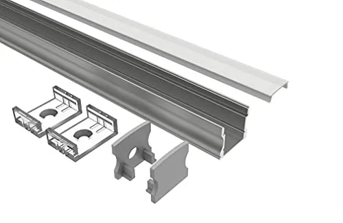 Tivendis Led Alu Profil 2 m AH Komplett Set für Strip/Streifen bis 12 mm breit | Abdeckung satiniert milchig, Endkappen, Befestigungclips | U-Form Aufputz Deckenleiste Wandprofil eloxiert