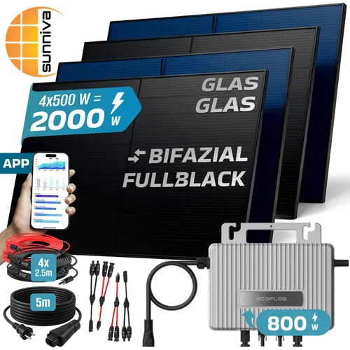 SUNNIVA Balkonkraftwerk 2600W/800W - Komplettset mit Bifazialen Solarmodulen - Balkonkraftwerk: Effizientes Solarsystem mit bis zu 30% mehr Energieertrag durch bifaziale Module. Ideal für Balkon, Terrasse oder Garten. Plug & Play Installation für sofortigen Stromverbrauch.