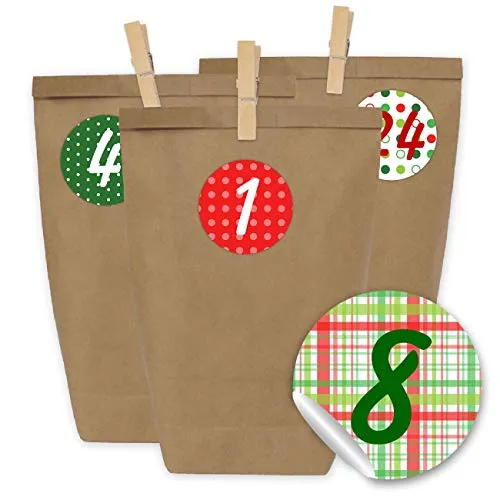 Papierdrachen Adventskalender zum Befüllen - 24 Geschenktüten und 24 Zahlenaufkleber und Klammern - Motiv Klassisch mit Muster - zum Befüllen und Basteln - Weihnachten - Mini Set Nr 5