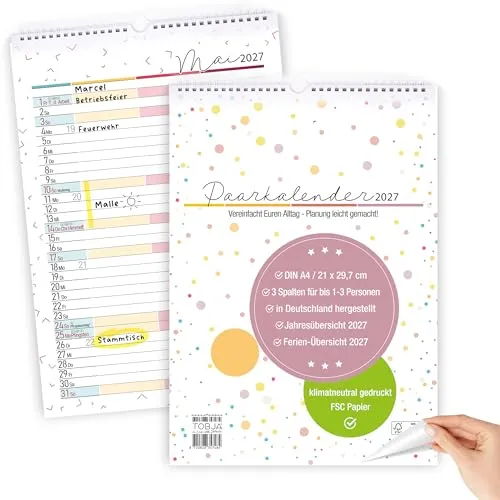 TOBJA® DIN A4 Paarkalender 2027 Hochformat – 3 Spalten für 1-3 Personen, Dots Design, 250g FSC-Papier klimaneutral, Ringbindung – Ferien DE+AT | Familienplaner Wandkalender Paare