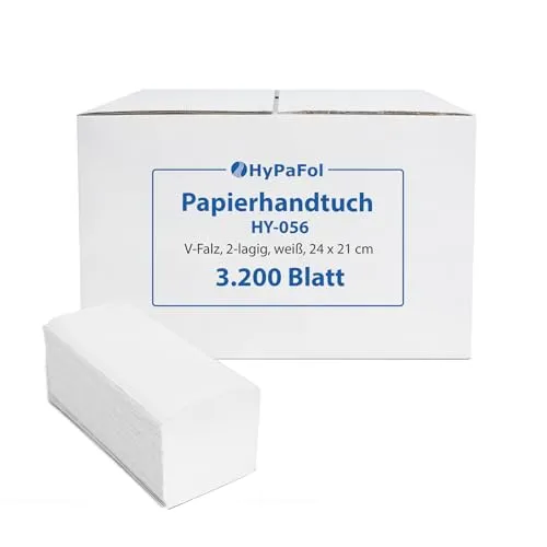 Hypafol Papierhandtücher für Spender | Zellstoff hochweiß, 2-lagig, ca. 25x23 cm | gesamt 3.200 Blatt | praktischer ZZ/V-Falz für Handtuchspender in Toiletten, Büros, Praxen und Studios