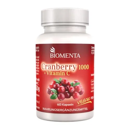 BIOMENTA Cranberry 1000 – 60 Kapseln hochdosiert - 1000 mg Cranberryextrakt + 500 mg Vitamin C/Tagesverzehr - vegan - Premiumqualität