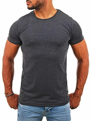 Young & Rich Herren Uni Basic T-Shirt mit Rundhals Ausschnitt einfarbig Stretch körperbetonte Dehnbare Passform 1701, Grösse:L, Farbe:Dunkelgrau