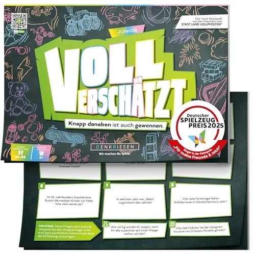 DENKRIESEN - VOLL VERSCHÄTZT! Junior Edition | DIN A4 Spielblock | Ab 10 Jahren | Lustiges Schätzspiel | Familienspiel | Partyspiel | Ohne Internet | Antworten mit auf dem Block