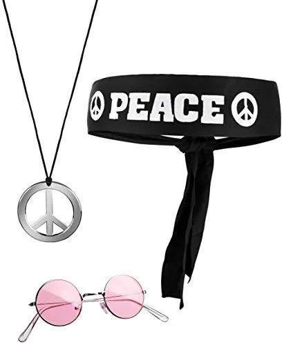 Balinco 3-teilliges Hippie Set mit Stirnband Peace Zeichen Kette und runder Nickel Sonnenbrille
