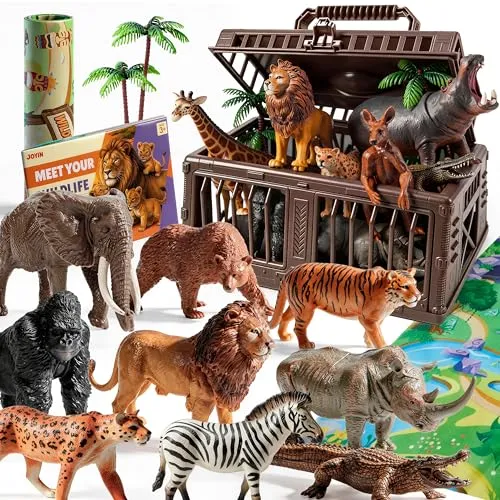 JOYIN Spielzeug für Wildtiere ab 3-6 Jahre, Kinder Spielmatte Set, 19 PCS Realistische Wildtiere Figuren für 3 4 5 6 Jahre für Kindergeburtstag