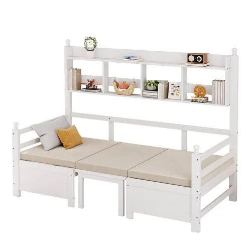 Funktionsbett mit Bettfunktion und Regal, 90x200 cm - Vielseitiges Funktionsbett mit umbaubarer Liegefläche zur Sitzgruppe. Ideal als Gäste- oder Jugendbett, bietet hohen Stauraum und modernes Design. Inklusive Tisch und Sitzkissen, aus stabilem Kiefernholz.