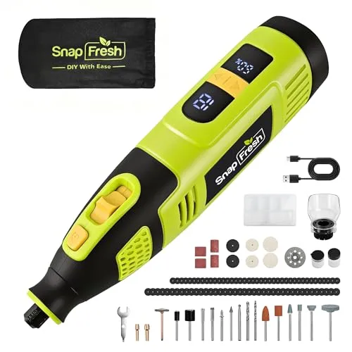 SnapFresh Akku-Rotationswerkzeug 12V Set mit 111 Zubehörteilen, variable Drehzahl 5.000–32.000 U/min, digitales Display & Drehzahlspeicher, zum Schleifen, Gravieren, Polieren & Bohren