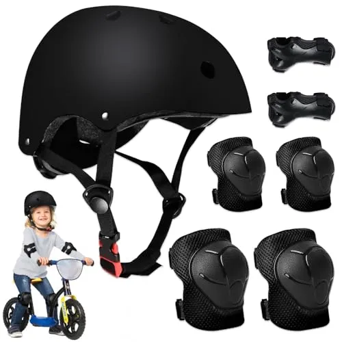 mizikuu Knieschoner Kinder mit Helm, 7 in 1 Kinder Schutzausrüstung Set Verstellbare Ellenbogenschoner und Handgelenkschoner Inliner Schützer Protektoren für Fahrrad Skateboard Rollschuh, Schwarz