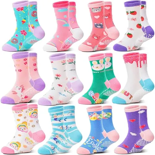 Welwoos Kinder Baby Mädchen Socken Anti Rutsch Rutschfeste Geschenk Baumwolle Socken Mädchen 12 Paare 22-28(Blume)