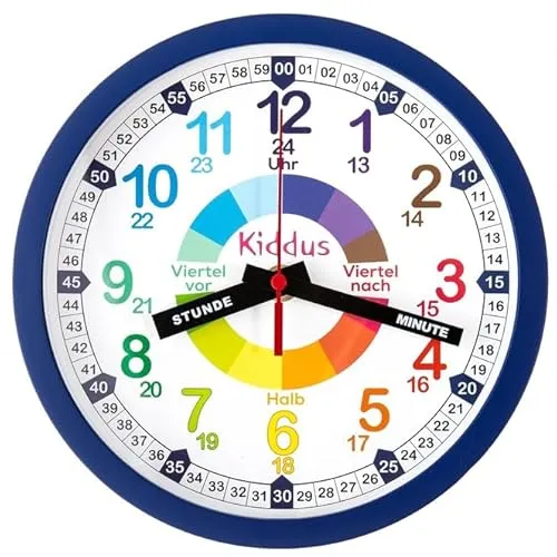 Kiddus Kinder Wanduhr, Jungen und Mädchen, Analoger Lernuhr mit Zeitlernübungen, Kinderwanduhr Ohne Ticken, Kinderzimmer Lautlose, Schule, Uhrzeiger Deutsch