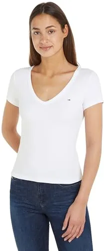 Tommy Jeans Damen T-Shirt Kurzarm Slim Rib V-Ausschnitt, Weiß (White), XS