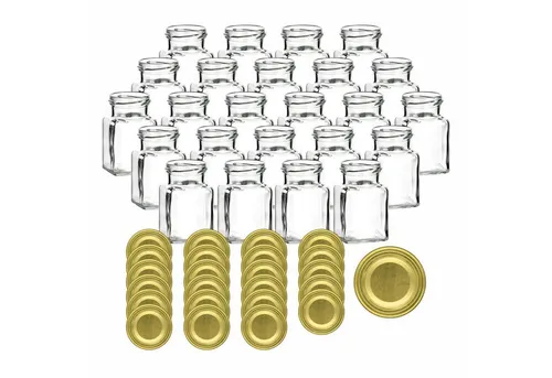 gouveo 24er Set Einmachgläser 150 ml eckig mit Schraub-Deckel goldfarben - Einmachgläser für kreative Köche: Ideal zum Einwecken von Marmelade, Gelee und mehr, mit hochwertigem Schraubverschluss für sichere Lagerung und mehrfache Verwendung.