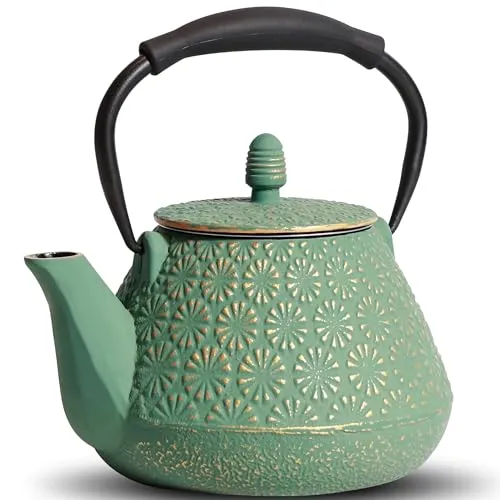 MILVBUSISS Gusseisen-Teekanne, 950ml japanisches Kirschblütenmuster Teekessel, herdtauglich, Infuser für losen Tee & Kaffee, Silikon-Griff, emailliertes Innenleben, 32oz Grün.