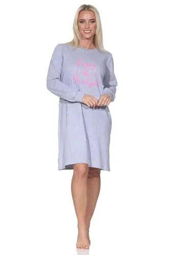 Normann Damen Langarm Nachthemd in Kuschel Interlock Qualität - auch in Übergrößen, Farbe:grau-Mel., Größe:40-42