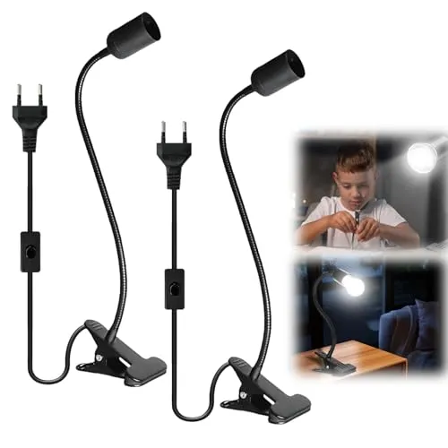 Vaileal 2 Stück Klemmleuchte: LED-Lampenfassung E27, E27 Lampenfassung mit Clip, Klemmlampe 360° Einstellbar Flexiblem Schwanenhals für Lesen Innen Beleuchtung, Bett Nachtlesen (Schwarz)